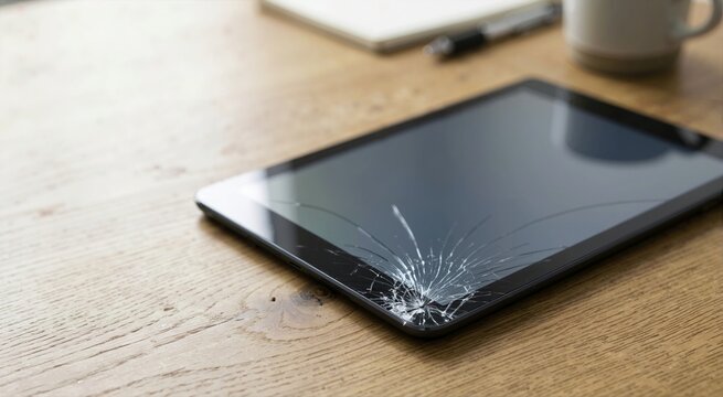 Broken tablet computer with a shattered glass screen on a wooden desk. Close up of a damaged digital device in a workspace