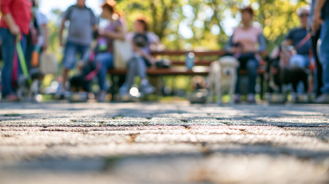 Blurred Green Park Dog Walking Club with People, Textured Pavement and Ground Level Perspective for Wellness Campaign Background