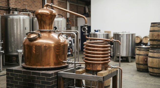 Copper pot still and coil condenser equipment in a craft distillery. Traditional alcohol distillation machinery with stainless steel tanks and wooden barrels in the background