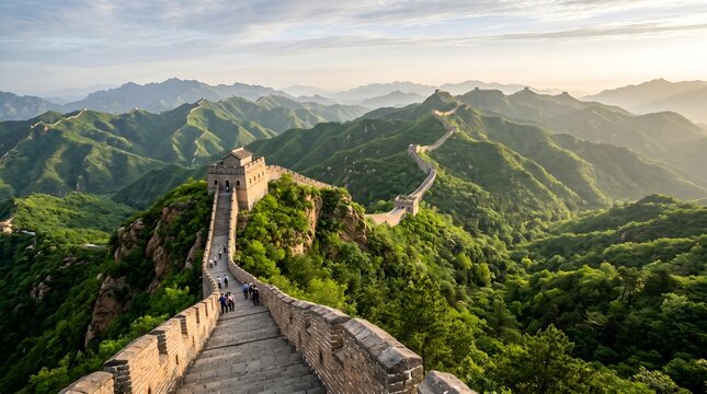 Ancient stone wall winding gracefully across lush green mountain ridges