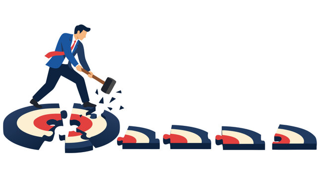 Businessman using a sledgehammer to break a large circular target into puzzle piece stepping stones, representing strategic planning, problem solving, business transformation, and goal achievement