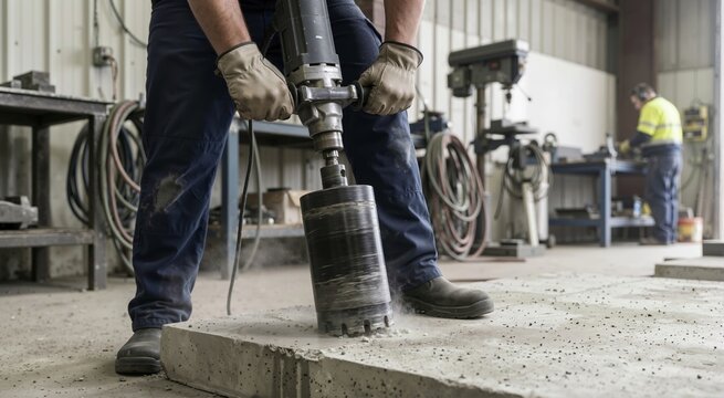 Construction worker operating a heavy-duty core drill with a diamond cutting bit. Drilling into a concrete slab in an industrial workshop