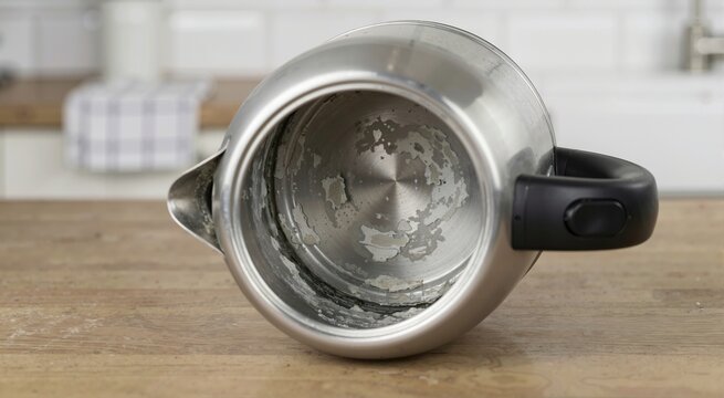 Close-up of heavy limescale buildup inside a stainless steel electric kettle. Hard water mineral deposits on kitchen appliance heating element