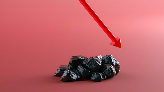 Red arrow point down upon dark coal nuggets symbolize energy price decrease, economic decline, and market fall on a vibrant red background
