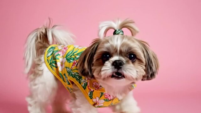 Cute Shih Tzu dog wearing yellow floral Hawaiian shirt with ponytail smiling and panting on pink background