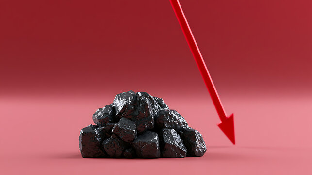 Shiny black carbon fuel nuggets with a sharp red downward arrow on a vibrant red background, symbolizing decline and market fall