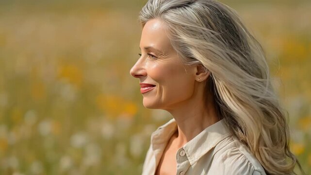 Mature woman with windblown blonde hair smiling in a field of wildflowers