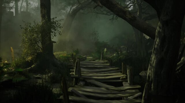 A narrow wooden path winds through a dense forest, surrounded by lush greenery and soft mist. Dappled light filters through the trees, creating an enchanting and peaceful atmosphere.