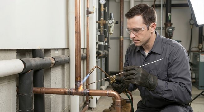 HVAC technician brazing a copper pipe joint with a torch. Male plumber wearing safety glasses and gloves working on a heating system. Skilled trade and maintenance concept