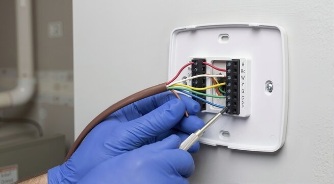 Technician hands in blue gloves connecting color coded wires to a wall thermostat. Electrician using a screwdriver for HVAC system installation. Climate control setup concept