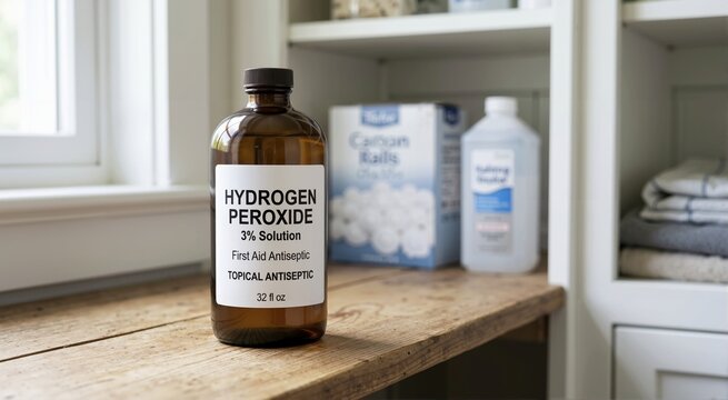 Amber glass bottle of hydrogen peroxide on a rustic wooden shelf. First aid topical antiseptic solution for wound care. Medical supplies and home healthcare concept