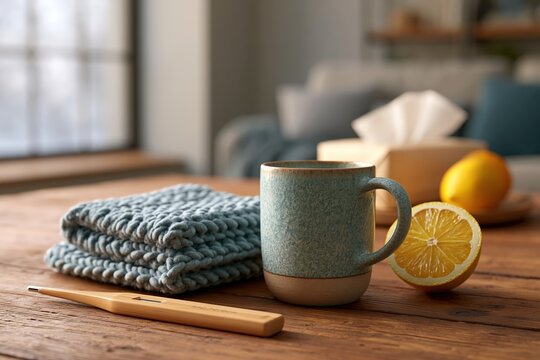 Winter wellness kit with mug, thermometer, blanket, and lemon on wooden table