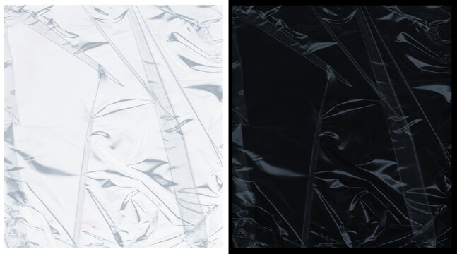 Crumpled plastic wrap texture on white and black background, wrinkled transparent cellophane film overlay, set of 2 abstract polyethylene textures