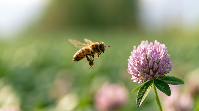 Honeybee (Apis mellifera) Fly Toward Purple Clover Flower in Lush Green Meadow, Nature's Pollination Dance in Golden Sunlight