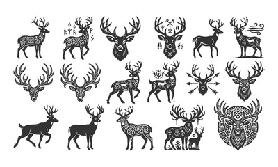 Fototapeta premium Tribal Viking Deer Stag Vector Silhouette Icons Set with Celtic Runes, Antlers, and Hunting Arrow Badges