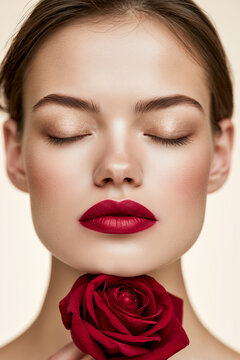 Luxury Beauty Portrait of Elegant Woman Holding Red Rose with Radiant Skin