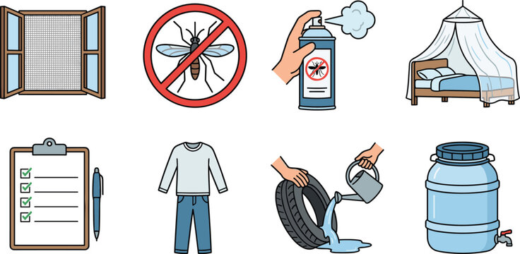 Comprehensive mosquito prevention vector illustration showing window screens, insect repellent spray, protective clothing, water management, and bed net safety