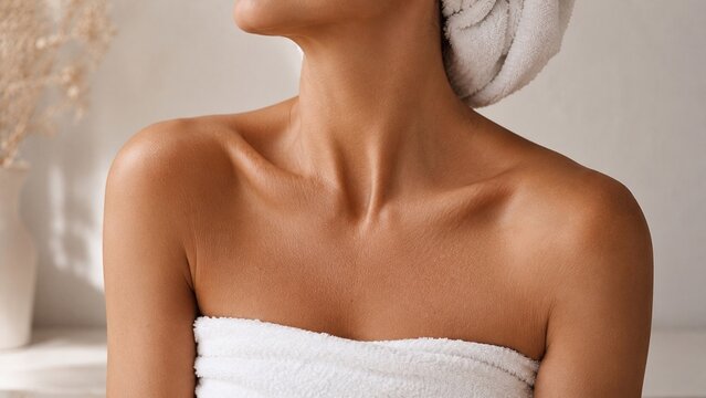 Woman Wrapped in Towel After Spa Treatment Close-up of a woman wrapped in white towels, showing smooth skin and shoulders in a relaxing spa and skincare setting.