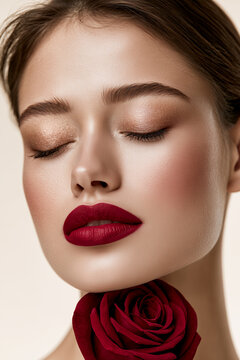 Luxury Beauty Portrait of Elegant Woman Holding Red Rose with Radiant Skin
