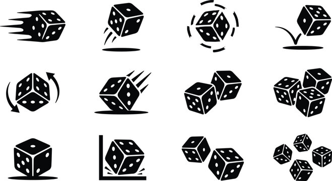 Dynamic black dice icon collection featuring rolling, spinning, flying, stacked and geometric gambling cube symbols isolated on white