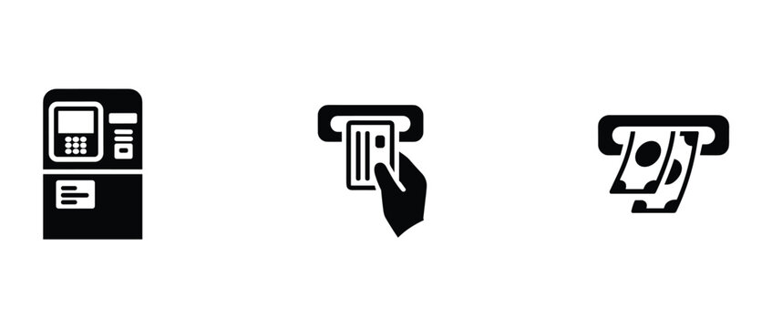 ATM Transaction Icons: A set of three icons representing an ATM machine, inserting a card, and withdrawing cash. banking service, digital payment, financial transaction, money exchange.