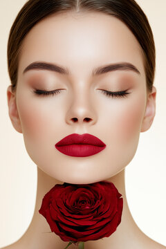 Luxury Beauty Portrait of Elegant Woman Holding Red Rose with Radiant Skin