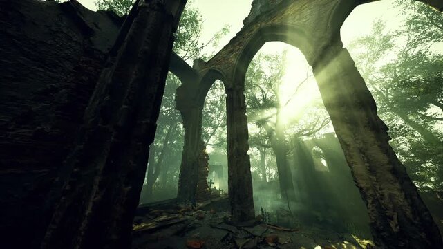 Sunlight streams through ancient arches of a weathered structure, casting an enchanting glow on the forest floor. Lush green trees surround the remnants of a bygone era, creating a serene atmosphere.