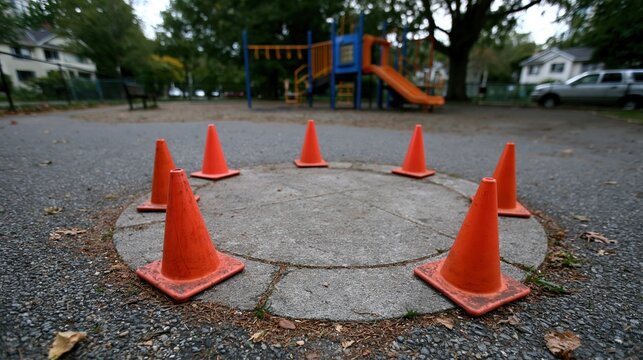 Clean playground with orange cones arranged in a circle on pavement