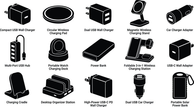 Set of charging accessories and power adapters for mobile devices