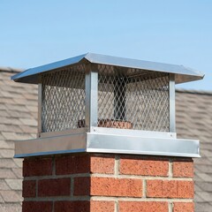 Obraz premium Leaves collected around a chimney cap on a residential roof, autumn roof maintenance, fire safety, seasonal exterior cleaning.
