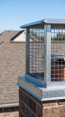 Obraz premium Leaves collected around a chimney cap on a residential roof, autumn roof maintenance, fire safety, seasonal exterior cleaning.