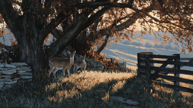 Serene countryside landscape with deer grazing under a large tree at sunset