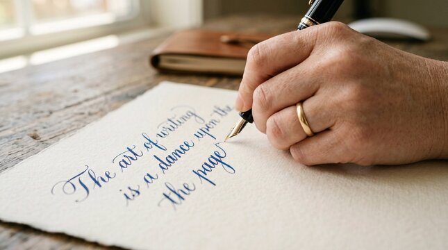 A hand writes graceful calligraphic script on textured paper with a fountain pen