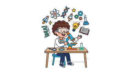 Fototapeta premium Cute Boy Scientist Character Conducting Chemistry Experiment with Beakers at Desk Vector Illustration for STEM Education, Science Lab, and Discovery