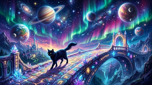 A mystical black cat walks across a glowing stone bridge towards a shimmering portal in a vibrant alien sky