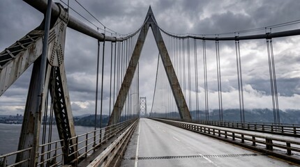 Naklejka premium Low angle view of empty highway bridge with dramatic clouds with wide perspective steel bridge road under cloudy skies infrastructure transportation architecture construction