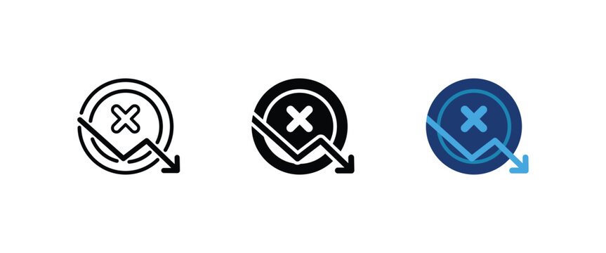Failed payment icon, Circle with cross mark and downward trend arrow symbol, Financial loss declined transaction graphics, Vector illustration