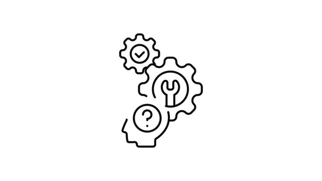 Minimalist outline animation of AI assistant gear settings configuration drawing on and fading out. Features a clean pop up style in 3 color setups.