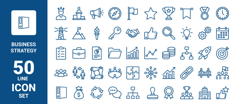 Business strategy 50 line icon set, vector illustration of professional management, planning, and corporate growth symbols for web and print