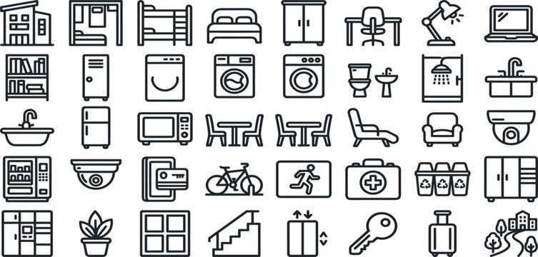 Hostel and dormitory accommodation line icon set for student housing apartment facilities elements