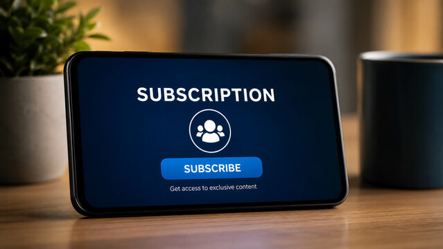 ​A tablet displaying a "SUBSCRIPTION" screen with a "SUBSCRIBE" button on a wooden desk