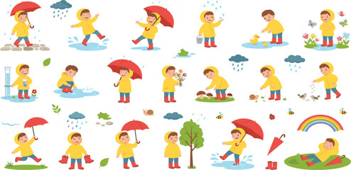 Fototapeta premium Rainy weather cute boy character vector illustration set playing outdoor in autumn yellow raincoat