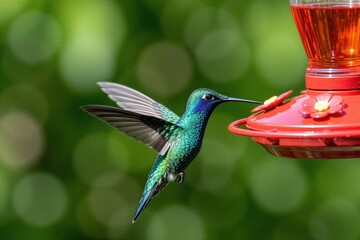 Fototapeta premium Small green hummingbird flies to red plastic feeder in forest. Tiny avian creature hovers near nectar container to feed. Vibrant tropical bird beats metallic iridescent wings fast drinking liquid in