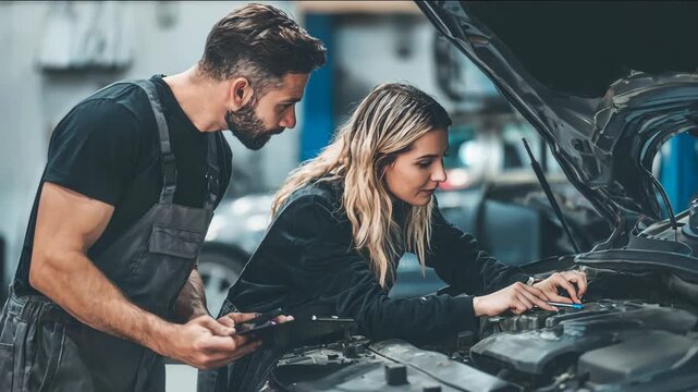 Mechanics discussing car repair on a clipboard in a garage