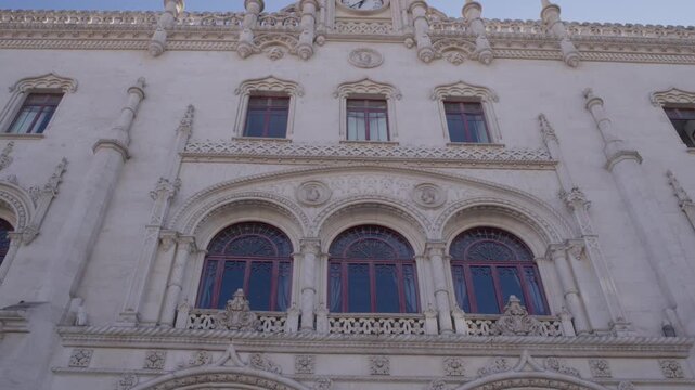 Historic Rossio Railway Station Facade in Lisbon Portugal During Summer Golden Hour Shot with Cinema Camera