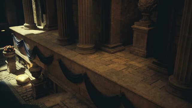 goldenlit stone colonnade with deep shadowed arches and textured pillars, warm beams highlight carved friezes and weathered patina, timeless classical