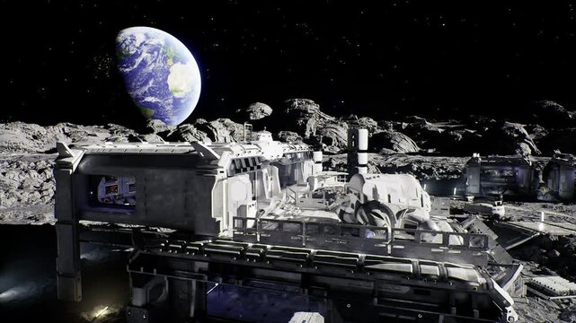 lunar night scene with Earthrise illuminating modules, soft shadows across regolith, quiet instruments glowing, distant stars sprinkled across sky