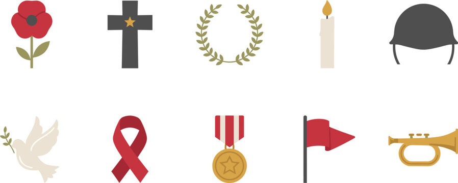 Set of icons representing military remembrance, veterans day, and memorial symbols