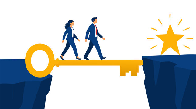Vector illustration of a businessman and businesswoman walking across a giant golden key bridging a deep cliff chasm towards a glowing yellow star, representing business success, strategy, and vision.