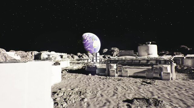 lunar mining complex beneath distant planet, heavy excavation rigs and conveyors cutting into crater rim, ore storage tanks, dust plumes, industrial machinery